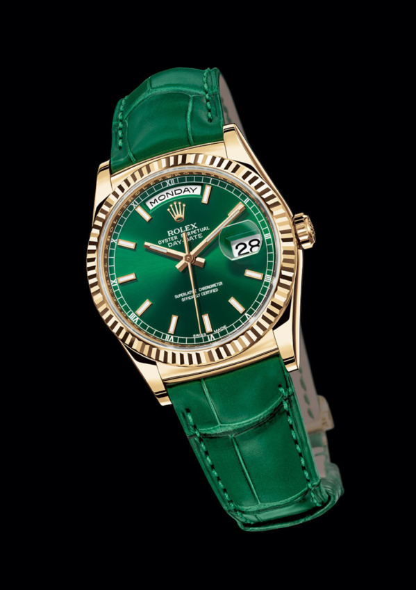 Rolex Day-Date Yellow gold (or jaune) fond et bracelet vert Rolex Day-Date Yellow gold (or jaune) fond et bracelet vert