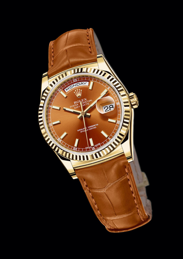Rolex Day-Date Yellow gold (or jaune) fond et bracelet cognac Rolex Day-Date Yellow gold (or jaune) fond et bracelet cognac
