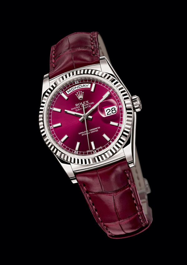Rolex Day-Date White gold (or gris) cadran et bracelet cerise Rolex Day-Date White gold (or gris) cadran et bracelet cerise