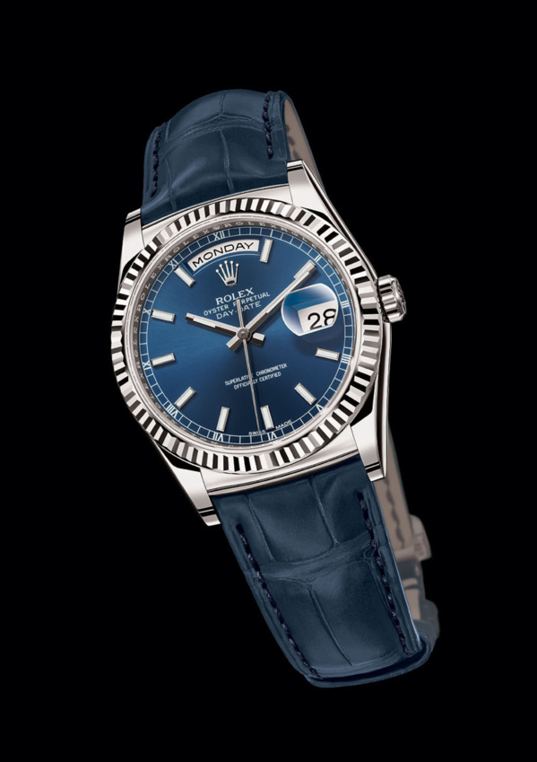 Rolex Day-Date White gold (or gris) fond et bracelet bleu Rolex Day-Date White gold (or gris) fond et bracelet bleu